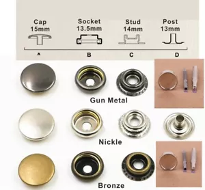 Fermoir bouton attache en fer 15 mm 7 set métal argenté boutons + outil new - Bild 1 von 6