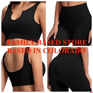 Mujeres PEQUEÑO 2 Piezas Entrenamiento Sin Costuras Acanalado Recortado Top Cintura Alta Legging NEGRO - Imagen 1 de 9
