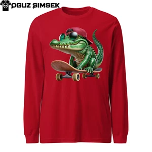 Unisex Long Sleeve Tee | Skateboarding Crocodile Design | Bella + Canvas - Picture 1 of 27