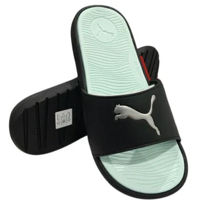 MSRP $48.99 NWT PUMA COOL CAT SPORT WOMEN BLACK AQUA SLIP ON SLIDES SANDALS 9 10 - Picture 1 of 4