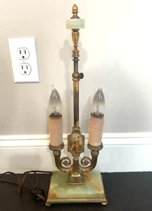 Antique Victorian Brass Green Marble French Candelabra Bouillotte Table Lamp - Picture 1 of 24