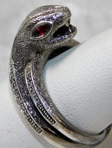 VTG CUSTOM DIAMOND GARNET SNAKE SERPENT STERLING SILVER SIGNED RING sz 9 1/2 - Picture 1 of 9