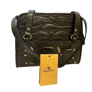 Patricia Nash Bruna Tooled Satchel Bag Purse Olive Green Gold CutOut NWT - Picture 1 of 12