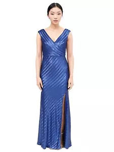 NWT Rene Ruiz V-Neck Sequin Evening Gown Matte Blue Size 6 Formal Dress - Picture 1 of 2