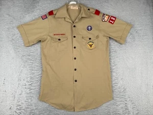 VINTAGE Boy Scouts of America Shirt Adult Medium Beige US Made Button Up Poly UT - Picture 1 of 14