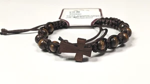 Bracciale McVan Legno Regolabile Cordato Cristiano Sacchetto Croce Gesù, Marrone Scuro - Foto 1 di 3