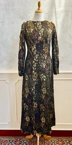 Vintage Homemade Black Gold Brown Metallic Floral Brocade Maxi Occasion Dress 8 - Picture 1 of 11