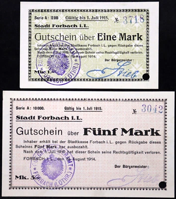 FORBACH 1914 RARE 1 + 5 Mark Complete Set Early WWI German Notgeld Lot - Image 1 of 2