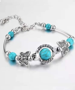 Ladies CUTE Silver Turquoise Crackle 🦋 Butterfly Bracelet Fashion Jewelry 🦋 - Picture 1 of 4