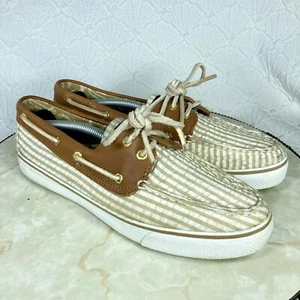 Sperry Shoes Womens 9 Tan White Stripes Classic Seersucker Bahama Boat Loafers - Picture 1 of 12