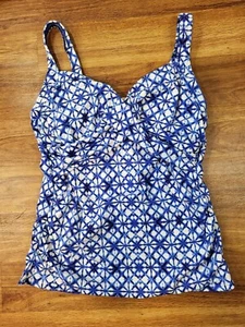 Lands End Size 8 Blue & White Tankini Top Gathered Sides - Picture 1 of 4