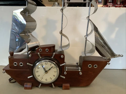 WORKS! Vintage Wood Nautical Sailing Boat Ship Electric Clock united Cover