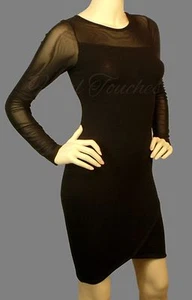 Black dress w/ sheer mesh neckline sheer mesh sleeves asymmetrical hem line sexy - Picture 1 of 4