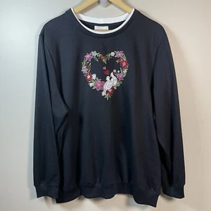 ALFRED DUNNER Woman 2XL Black “Love Birds” Embroidered Faux Collar Sweatshirt - Picture 1 of 6