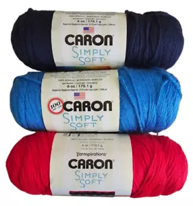 Lot of 3 Caron Simply Soft Yarn 6 Oz Med Weight 100% Acrylic Dark Blue Cobal Red - Picture 1 of 8