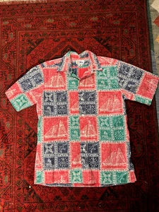 VTG Reyn Spooner Green Red Blue Block Print Ships Birds Hawaiian Shirt USA Sz M - Picture 1 of 5