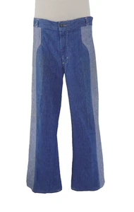 ViNTAGE 70s TWO TONE BLUE DENiM CHAMBRAY WiDE LEG BELL BOTTOM JEANS 38 X 34 - Picture 1 of 13