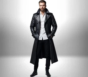 Genuine Black Leather Long Coat For Men - Personalized Leather Trench Coat Men - Picture 1 of 4