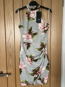 AX Paris Grey Floral Halter Neck Mini Dress- Size 8 BNWT - Picture 1 of 7