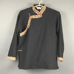 Tibetische Handarbeit Jacke Herren XL schwarz Wolle Satin gefüttert bestickt Borte Boho - Bild 1 von 12
