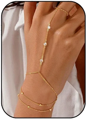 Pulseras de oro para mujer, pulsera de cadena de mano enchapada en oro de 14k, brazalete de anillo de 2 piezas Foto 1 de 4