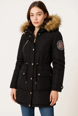 Parka acolchada Rocawear ArcticBlast capucha de piel parche de estrás abrigo negro para mujer M  Foto 1 de 4