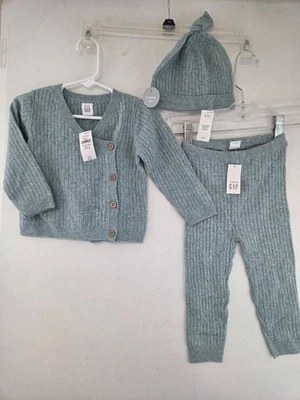 Baby Gap 12-18 个月 3 件装矿物蓝色婴儿罗纹毛衣套装全新带标签 59.95 美元 — 第 1/3 张图片