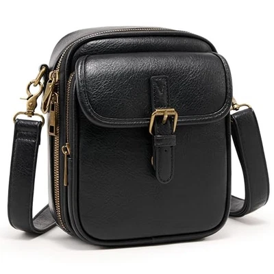 Small Messenger Bag Vegan Leather Crossbody Bag for Women Men, Vintage Black - Image 1 of 4