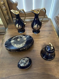 Limoges Cobalt Blue 24K Gold Decorative Trinket Boxes, Bell & Oil Bottles France - Picture 1 of 12