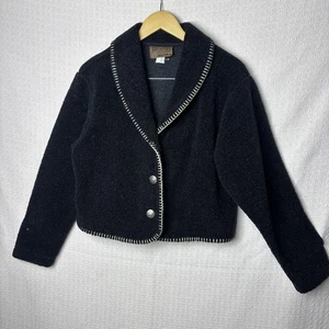 VTG Rough Rider Womens Medium Cropped Deep Pile Fleece Coat Black Aztec Buttons - Picture 1 of 9