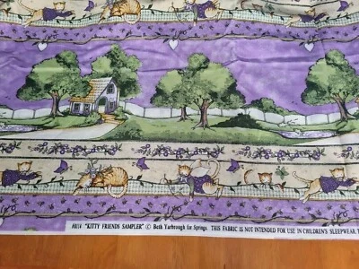 Beth Yarbrough 3 yds  Springs Tabby Cat Kitty Friends Horizontal Purple Fabric - Image 1 of 4