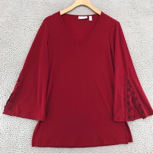 Susan Graver Top Womens XXS Red Crochet Bell Sleeve Vent V Neck Tunic Pullover - Picture 1 of 10