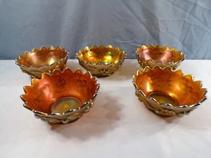 Set of 5 Northwood Green Carnival Glass Acorn Burrs Berry Sauce Bowls - Picture 1 of 17
