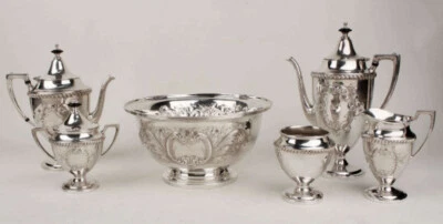 Antique Silverplate Hand Chased Tea Coffee Set 6pc &Matching Serving Bowl Cresce — 第 1/4 张图片