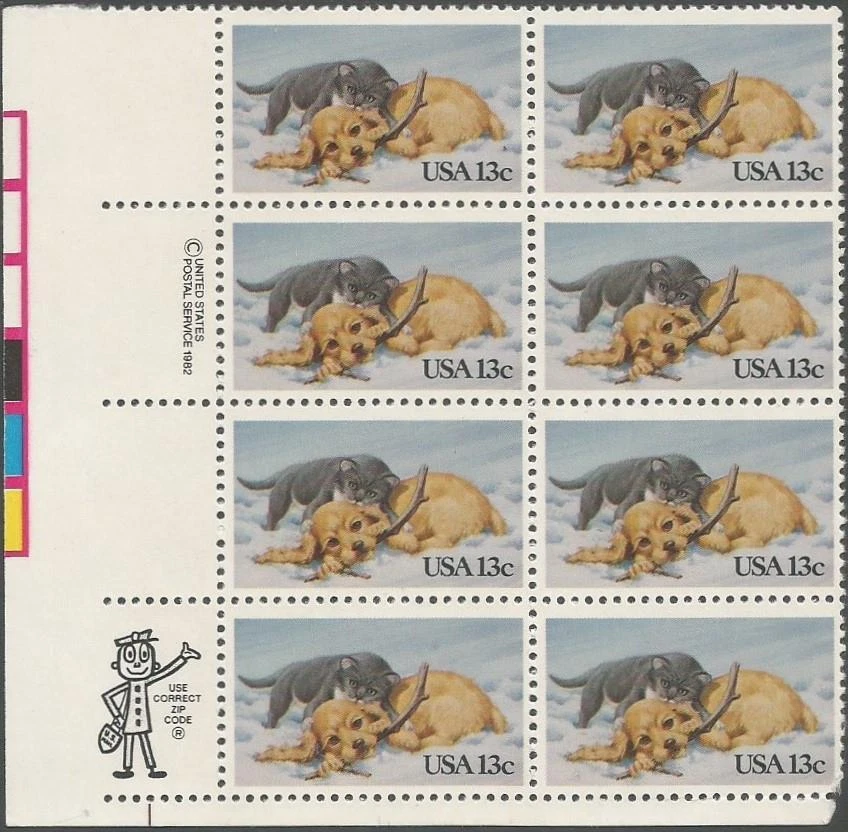 Zip Block of 8 stamps - Scott 2025 - 13 cent - Kitten & Puppy - 1982 - MNH - Image 1 of 1