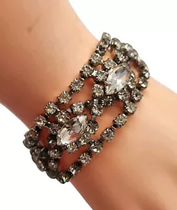 Set Prong Vintage Strass Trasparenti Tono Argento Bracciale Largo 1" Lungo 7,25" - Foto 1 di 16