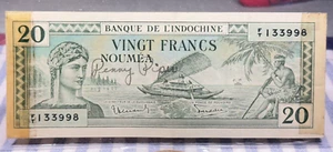 Nueva Caledonia 1944 20 francos Banco de Indochina “Penny Piper” automático P-49 ~ SP934 - Imagen 1 de 2