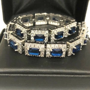 15CT Emerald Cut Blue Sapphire Lab Created Tennis Bracelet 14K White Gold Finish - Picture 1 of 4