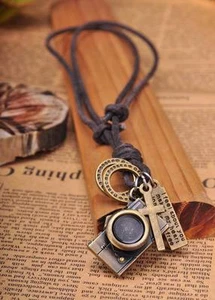 N215 Brown COOL Biker Camera Pendant Leather Cord Long Necklace Men's NEW - Picture 1 of 8
