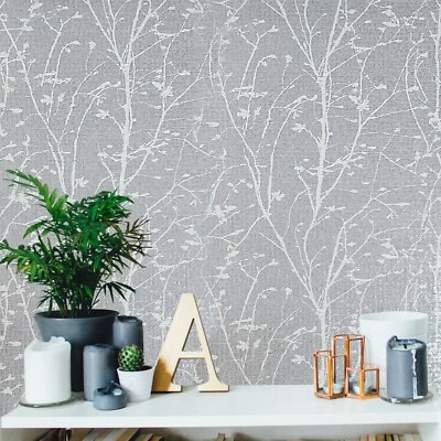Cream gray silver metallic square tiles textured floral branches Wallpaper rolls - Image 1 of 4