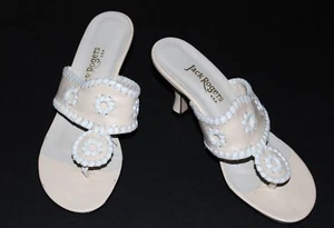 Jack Rogers 4 M Beige Pinwheel Thong Slides White Whipstitch  Sandals 2.75" Heel - Picture 1 of 12