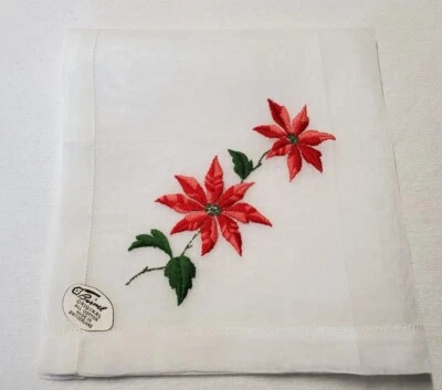 Vintage Burmel Handkerchief Christmas Poinsettia Cotton 12" Square Tag Attached  - Image 1 of 4