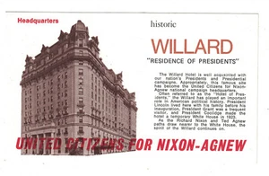 United Citizens Nixon - Agnew Headquarters Willard Hotel Postcard 1968 Wash DC - Picture 1 of 2