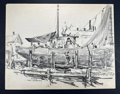James Kirk Merrick Vtg Drawing Fishing Sailboat In Dry Dock Men At Work  11x14” - Image 1 of 4