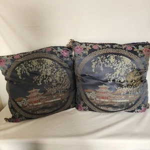 Par de 2 Almohadas Asiáticas Azul Seda Templo Floral 16" x 16" - Imagen 1 de 8