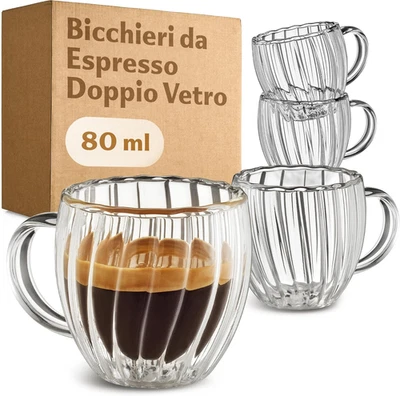 Bicchieri Espresso Doppia Parete 80Ml - Set Di 4 Tazza Con Manico - Scanalato De - Immagine 1 di 4