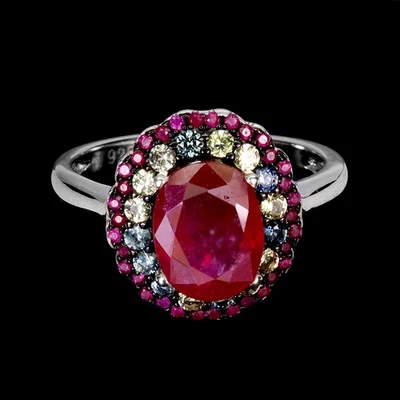 925 Sterling Silver Ring Oval Ruby Round Ruby Myanmar Sapphire Gemstone Size 7 - Image 1 of 4