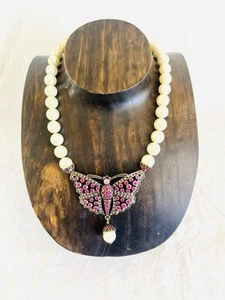 Heidi Daus Butterfly Necklace Signed – Pink Rhinestones & Pearls – 23" - Picture 1 of 13