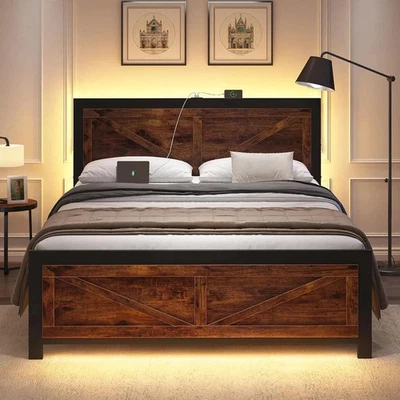 LED Bed Frame King Size with Charging Station Rustic Brown Wood Platform Bed NEW - Image 1 of 4