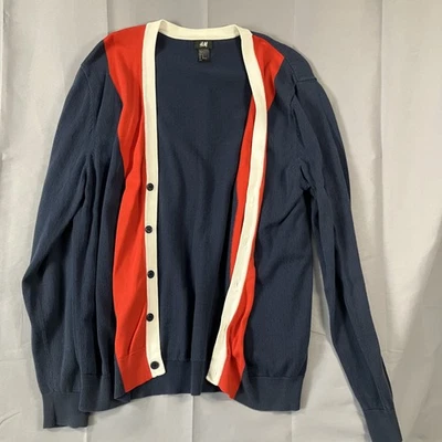 H&M Cárdigan Suéter Para Hombre XL Azul Rojo Blanco Abotonado Ligero Algodón Orgánico Foto 1 de 4